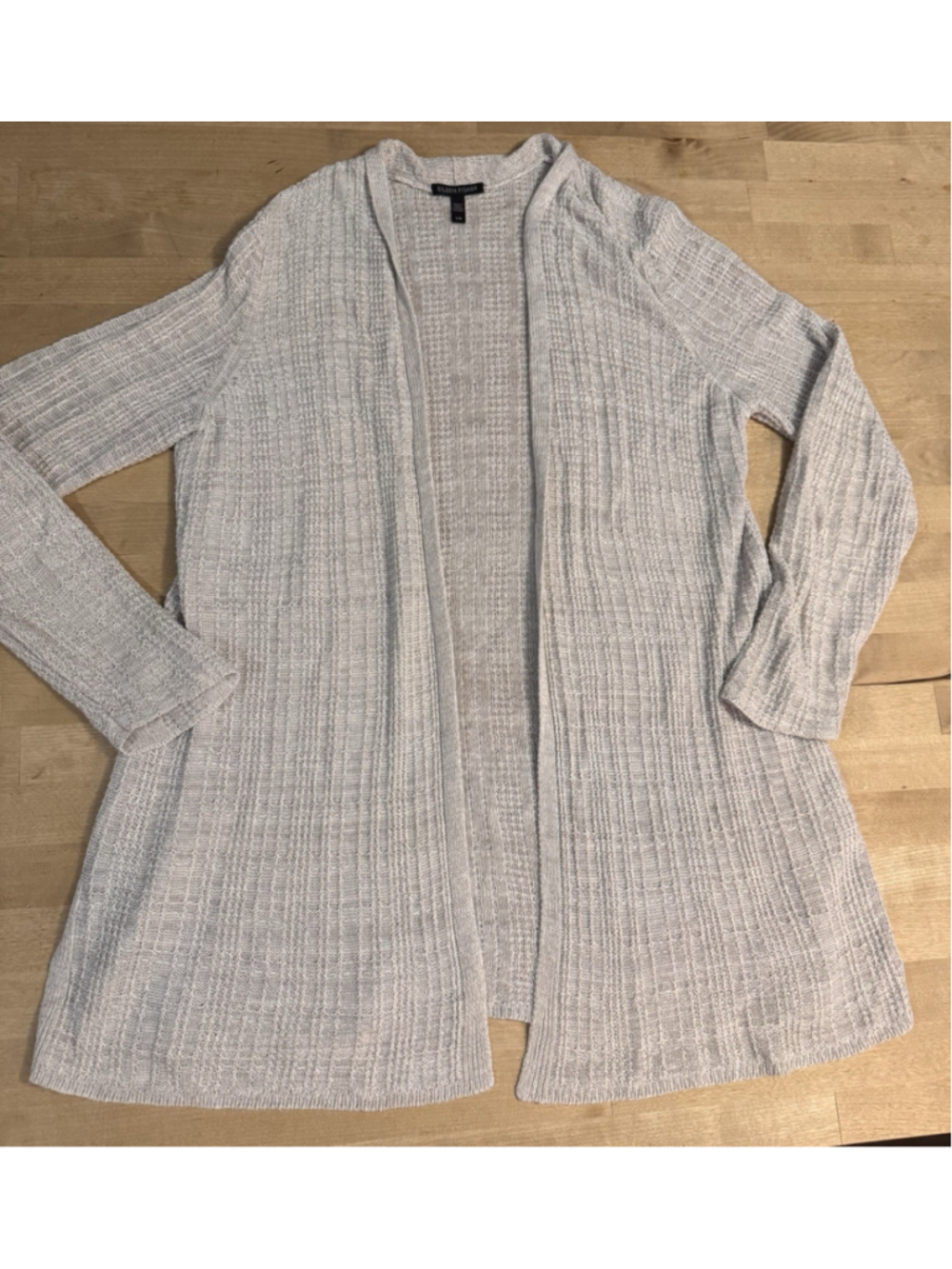 Eileen Fisher Open Front knit 100% Organic Linen Cardigan Gray Beige Large Knit